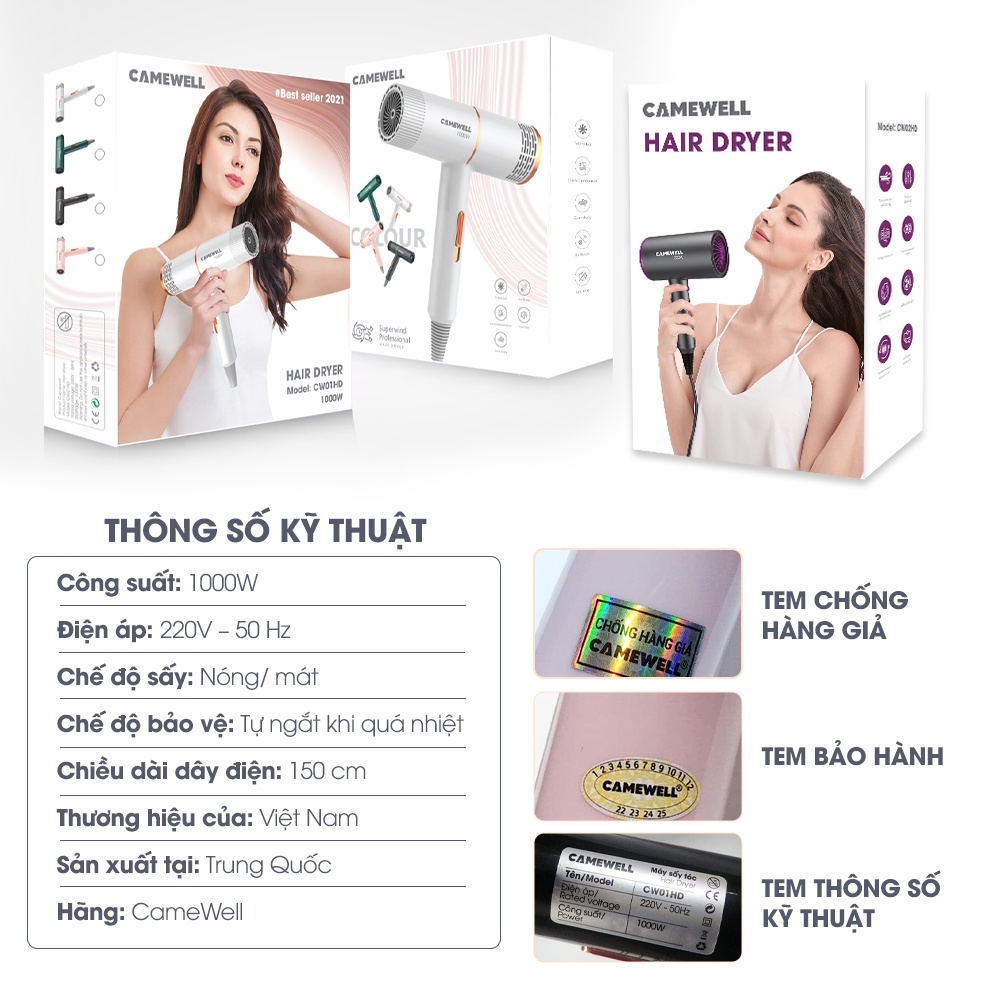 Máy sấy tóc mini CameWell chính hãng tạo kiểu tóc chuyên nghiệp 1000W 2 chiều nóng lạnh