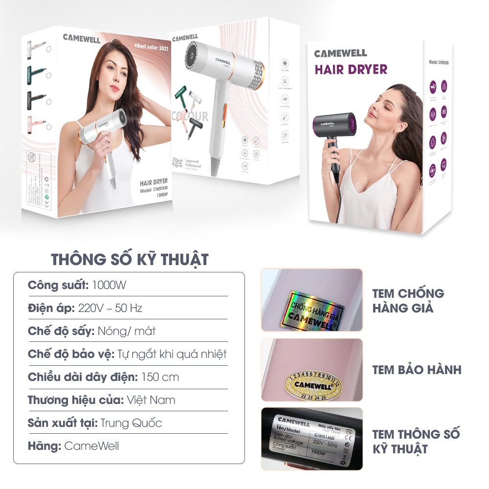 Máy sấy tóc mini CameWell chính hãng công suất lớn 1000W tạo kiểu tóc chuyên nghiệp 2 chiều nóng lạnh CW01HD