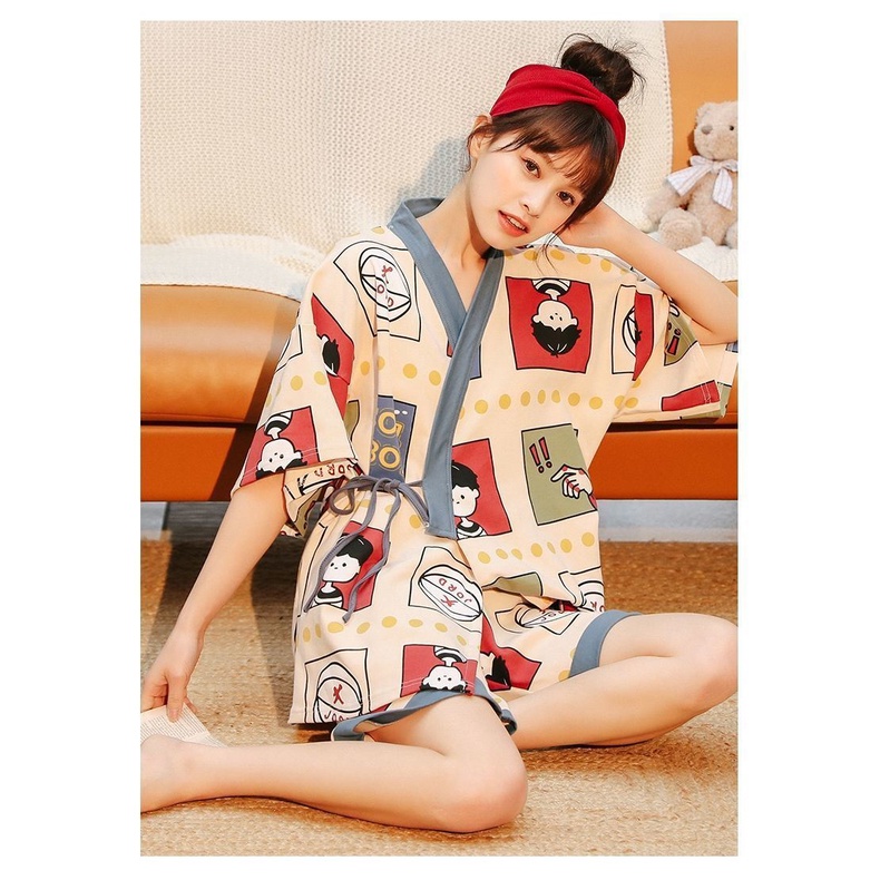 SUSQ2 Bộ Pijama kiểu Nhật yukata lụa cộc tay buộc dây Đồ Ngủ Kimono nữ mặc nhà thắt eo quần lửng ngắn