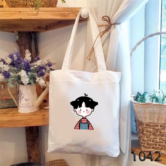 TÚI TOTE TRẮNG CHẤT VẢI CANVAS 1042 CÔ BÉ TÓC BỐI DỄ THƯƠNG HÀNG CHUẨN ĐẸP