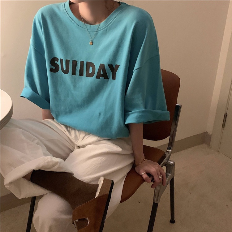 Áo Thun Tay Ngắn Cổ Tròn Dáng Rộng In Chữ Kiểu Hàn Quốc Thời Trang Mùa Hè Mới Cho Nữ