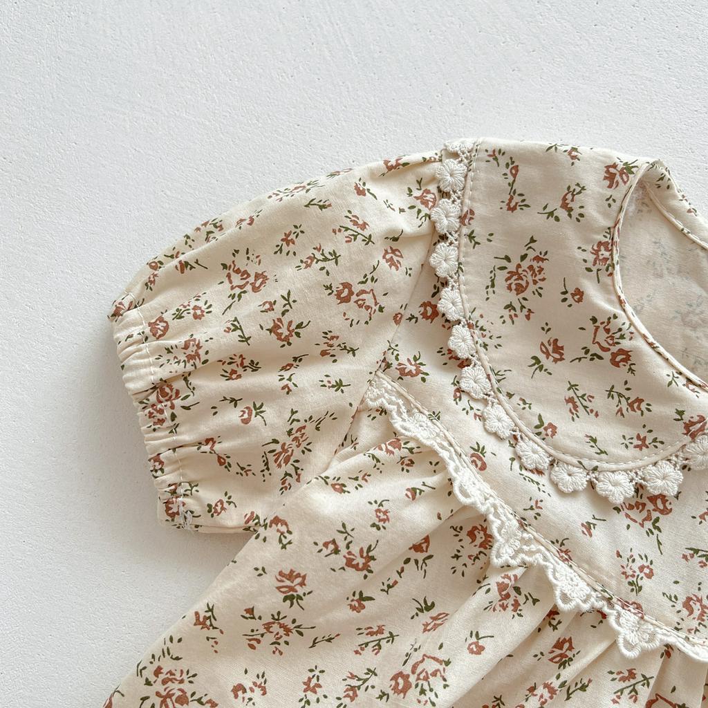 Áo Liền Quần Cổ Búp Bê Họa Tiết Hoa Kèm Băng Đô Cài Tóc Thời Trang Mùa Hè Cho Bé Gái 0 -