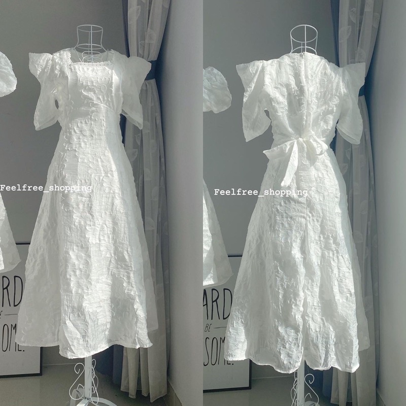 Đầm Váy Trắng Cổ Vuông In Hoa Nổi Dáng Dài Tay Phồng 2 Lớp Mặc Đi Tiệc Đi Chơi (Hình Thật) D2583