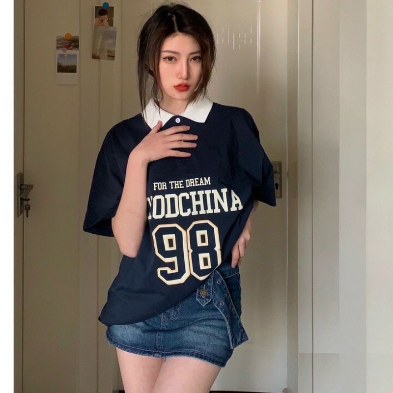 Áo Polo Tay Lỡ Số 98 Cổ bẻ Cộc Tay Nữ Unisex Thun form rộng oversize in hình vintage 3158 đường phố hàn quốc Ulzzang