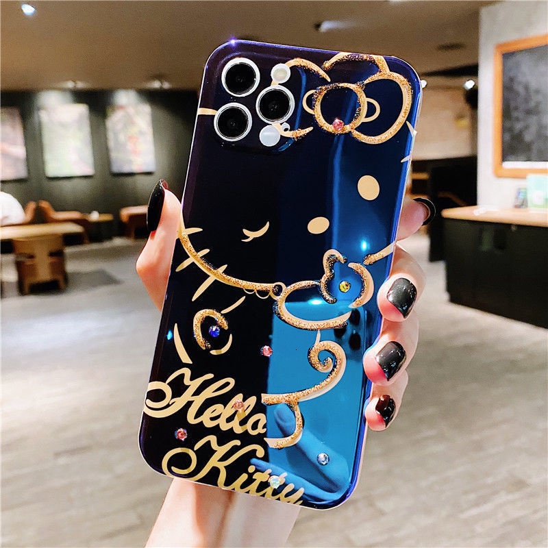 Ốp điện thoại silicon epoxy in hello kitty đính đá thích hợp cho IPhone 7 8Plus 11 11pro 11promax SE X XS XR XSMAX