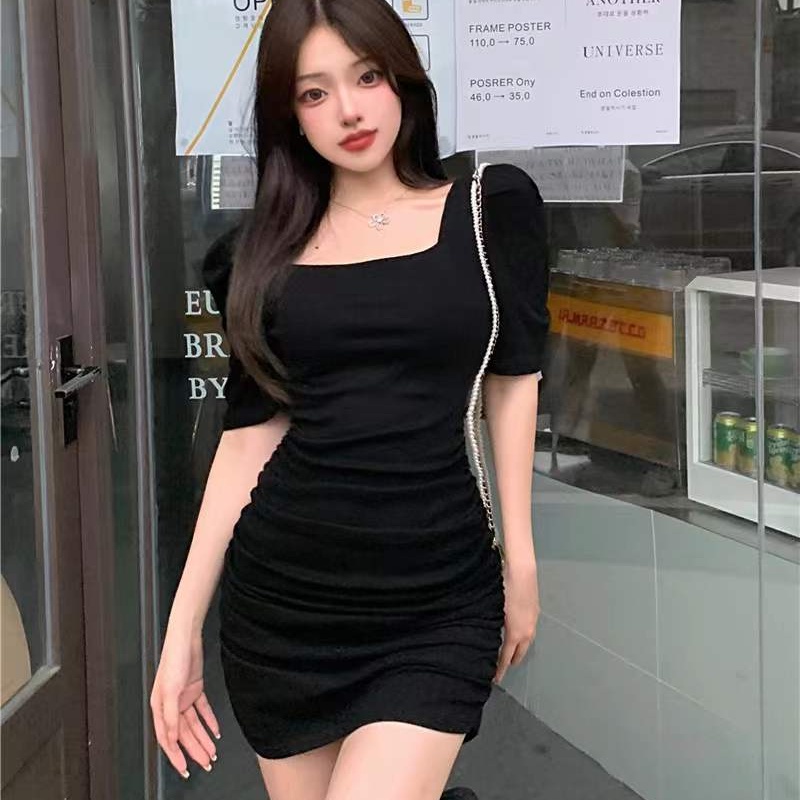 Đầm PERTY tay ngắn phồng cổ vuông ôm dáng thiết kế xếp ly thời trang Hàn Quốc quyến rũ dành cho nữ
