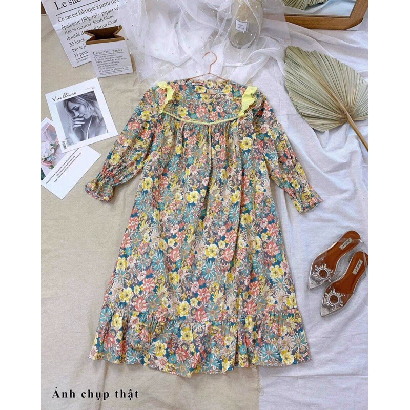 Đầm suông hoa babydoll viền bèo ngực, tay áo bo ống | BigBuy360 - bigbuy360.vn