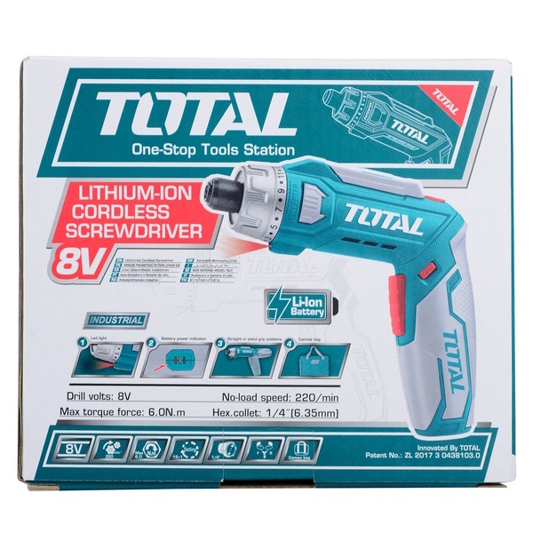Máy bắn vít mini dùng pin 8V TOTAL TSDLI0801 tốc độ 220v/p, đầu lục giác 1/4", có đèn led, có chức năng đảo chiều