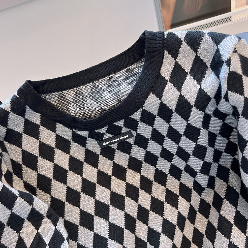 Rhomb Áo sweater Dệt Kim Tay Dài Dáng Ngắn Thời Trang Mùa Thu Cho Nữ