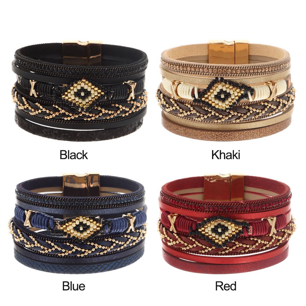MISUPS đeo tay nhiều lớp da bện đính hạt phong cách bohemian handmade mới thời trang làm quà tặng cho nữ