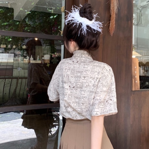 Áo Sơ Mi Tay Ngắn Form Rộng Họa Tiết In Theo Phong Cách Preppy Dễ Phối Đồ
