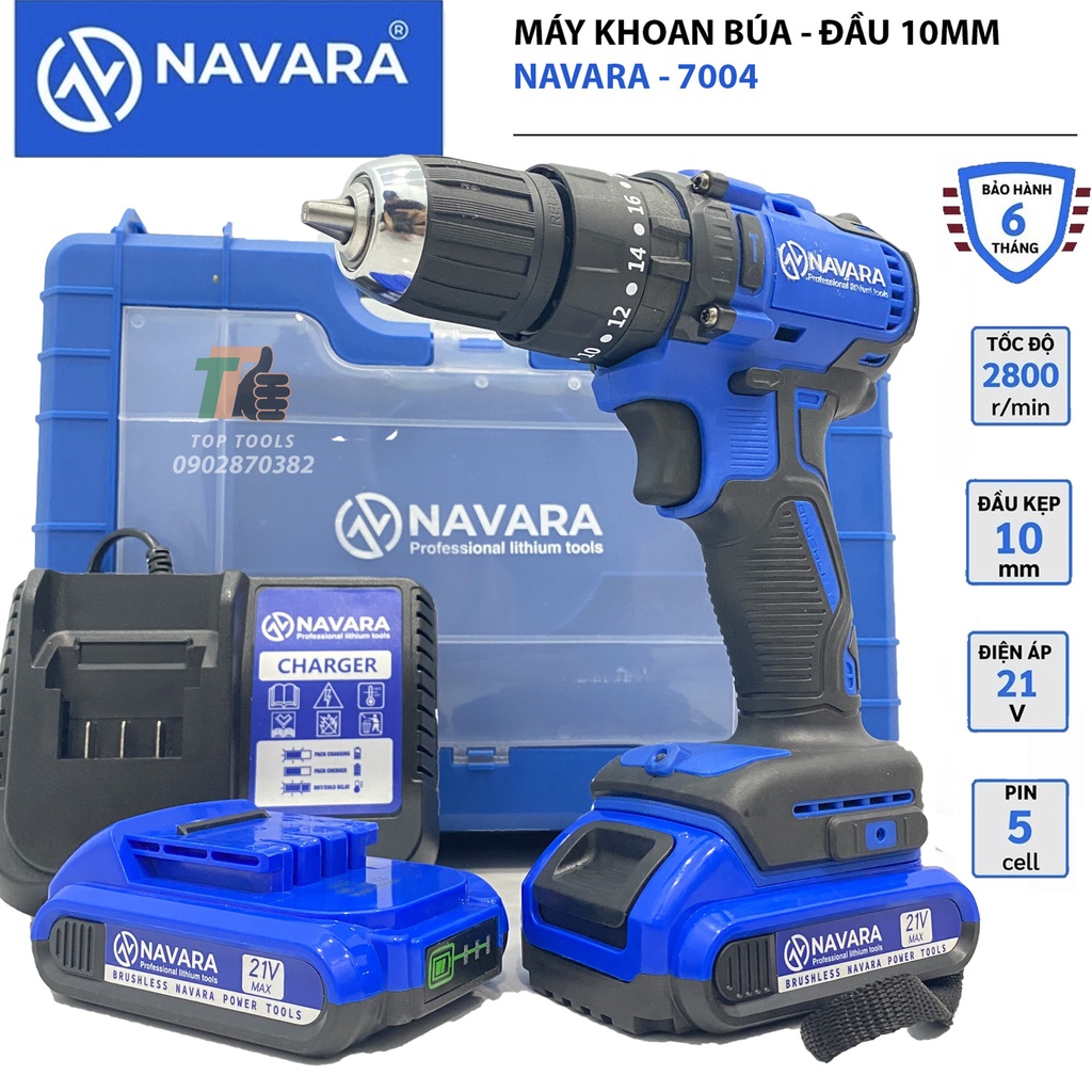 Máy khoan Pin, Máy khoan pin NAVARA 7004 - Pin 21v 5Cell - Động cơ Không chổi than