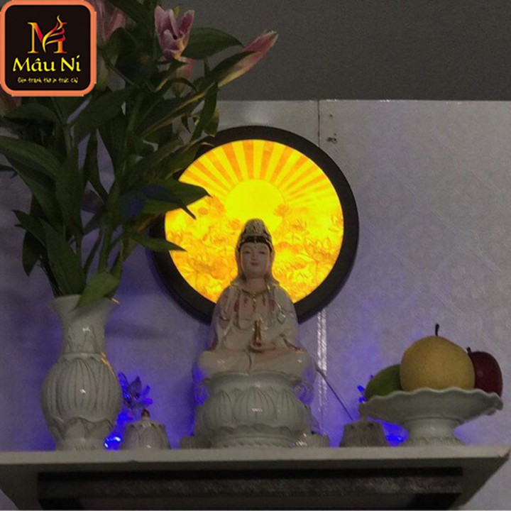 Đèn Để Bàn Trang Trí Bàn Thờ / Đèn Hoa Sen in họa tiết tranh trúc chỉ, khung sắt, Đường kính 30cm