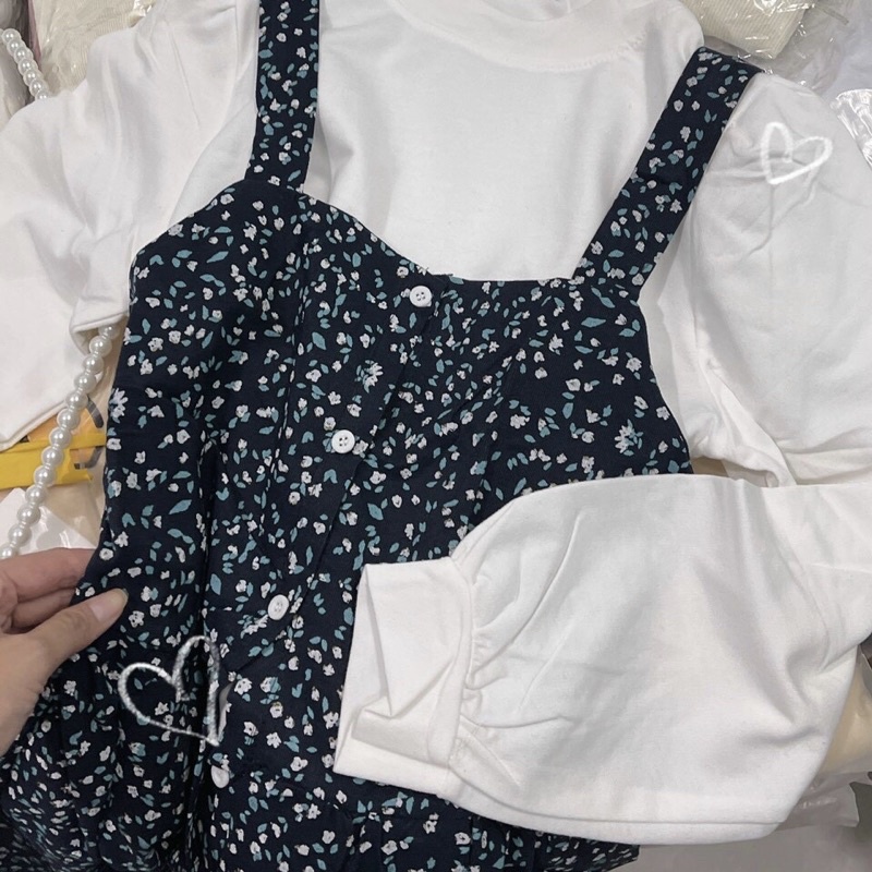 Sét Áo Tay Dài Mix Yếm Hoa Dày Dặn 🦋FREESHIP 🦋Yếm Dáng Dài Kiểu Vintage Siêu Xinhh