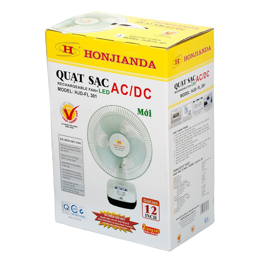 [Mã ELMS5 giảm 7% đơn 300K] Quạt Sạc 1 bình và 2 bình Kiêm Đèn sạc Honjianda HJD - FL 301 LED (trắng) | BigBuy360 - bigbuy360.vn