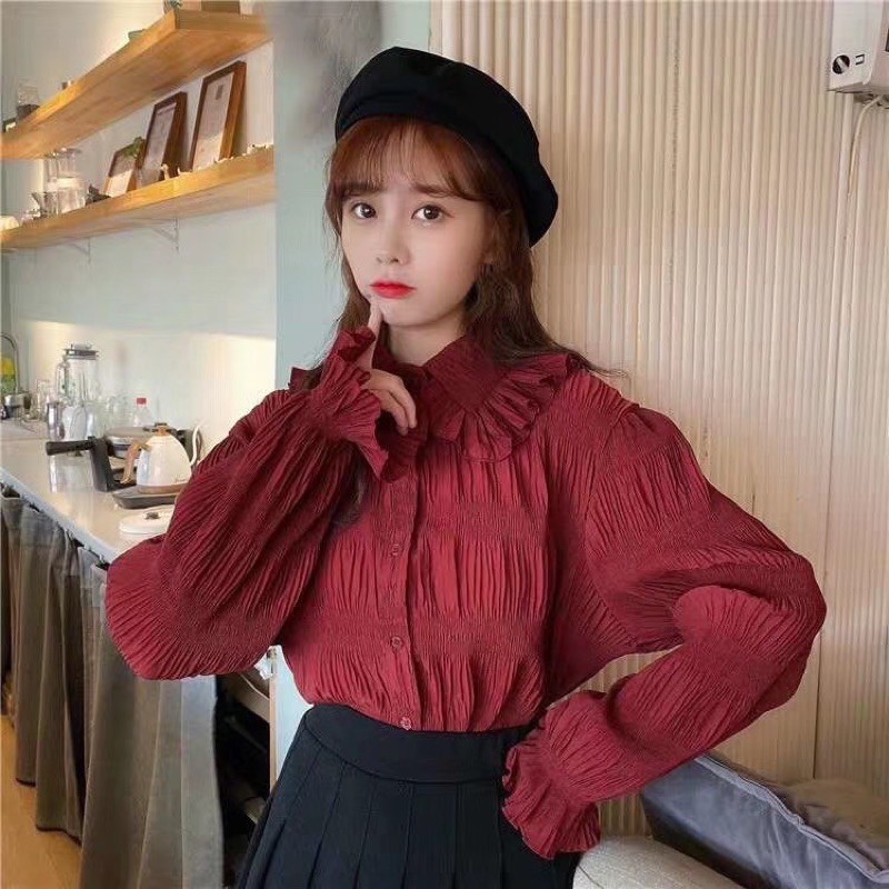 Áo sơ mi nhún cổ bèo
