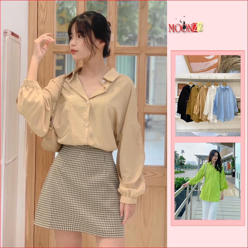 Áo Sơ Mi Nữ Kiểu MOON22 Áo Kiểu Công Sở Tay Phồng Thắt Nơ Bánh Bèo Tiểu Thư Hàn Quốc Form Rộng Màu Trắng Đen Xanh Nâu Be