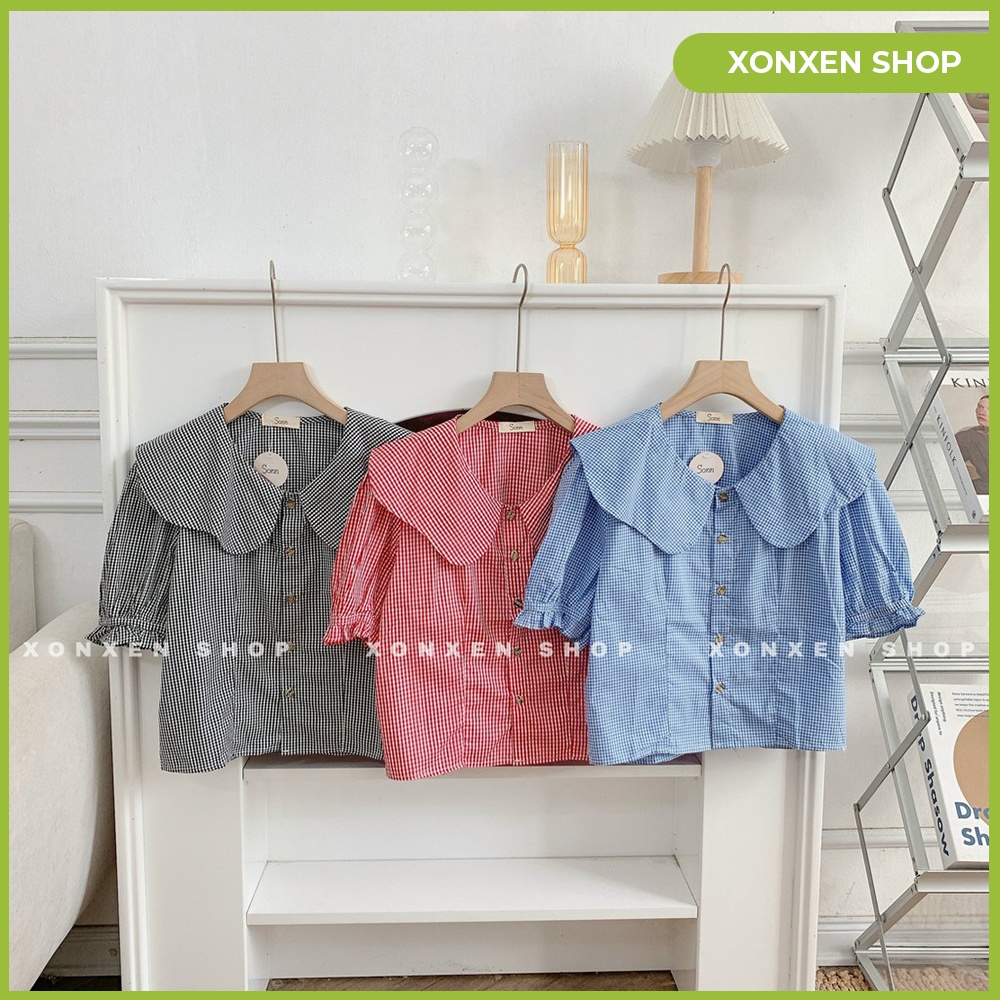 Áo kiểu caro cổ bèo lên form chuẩn chất vải mền mịn XONXEN SHOP QUẢNG NGÃI freesize mã 76 | BigBuy360 - bigbuy360.vn