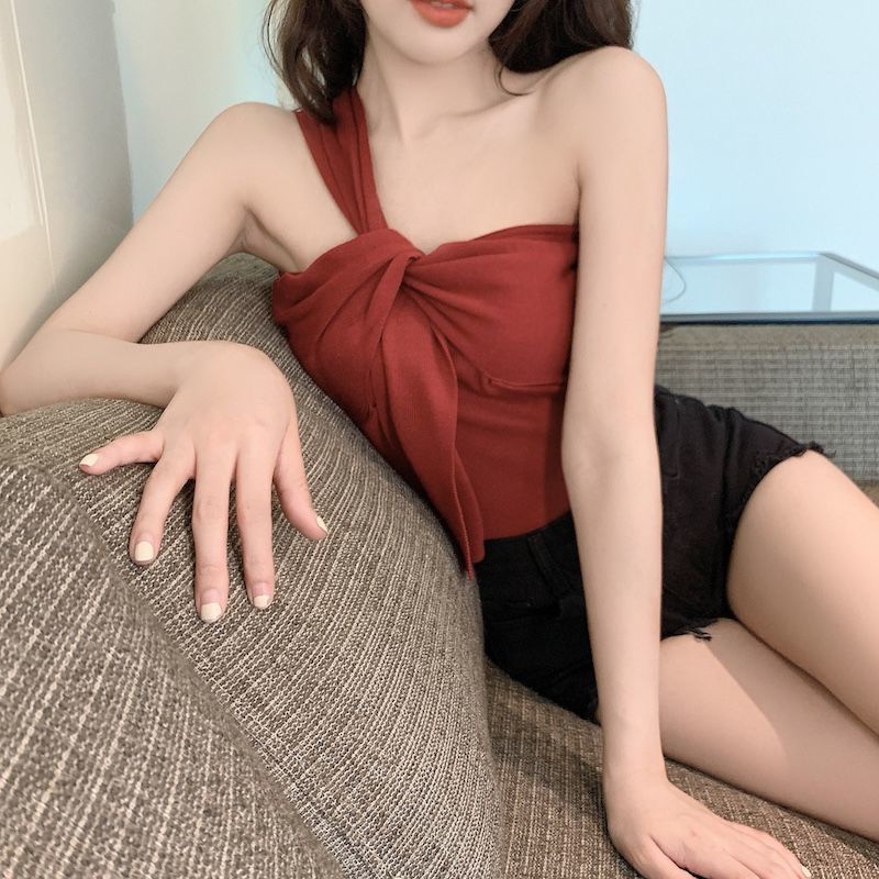 Áo dệt kim 1 dây vai dáng ngắn thiết kế thắt nút thời trang ngọt ngào