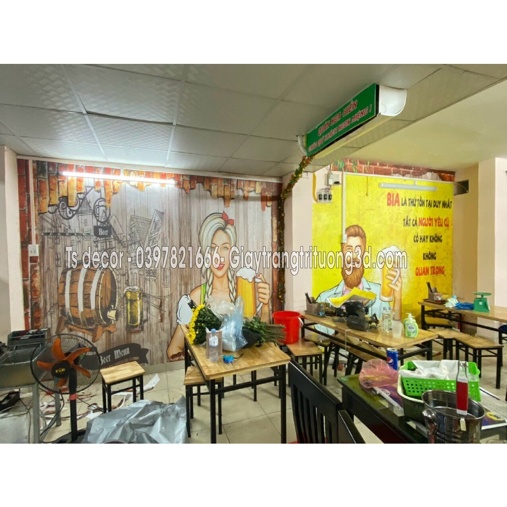 Tranh dán tường hàng quán dân dã 3D, tặng keo và dụng cụ dán tự thi công đơn giản, nhanh gọn, sạch sẽ