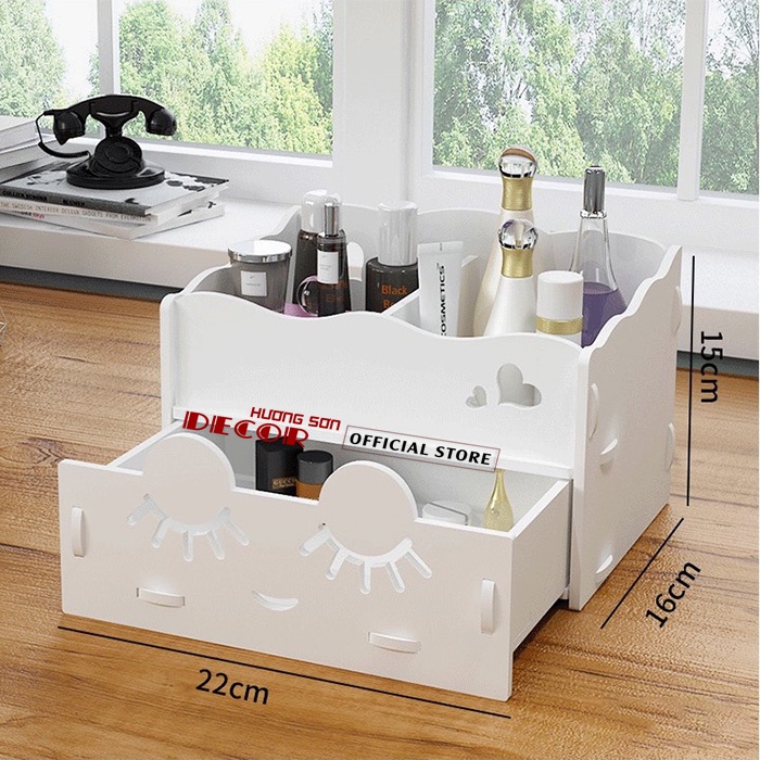 Kệ đựng mỹ phẩm mini 2 tầng gỗ Fomex PVC cao cấp họa tiết mắt mèo đáng yêu
