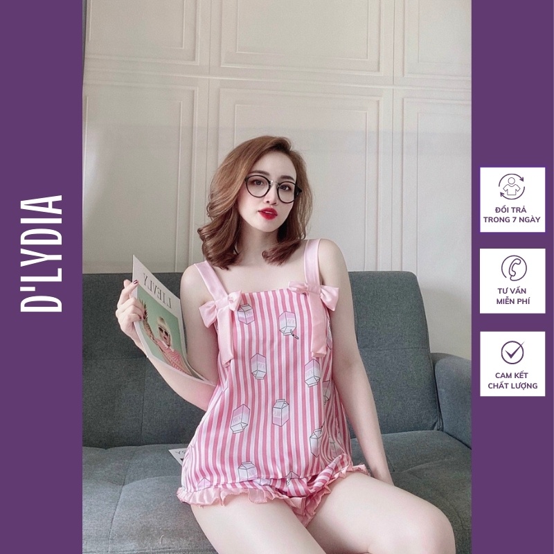 Đồ bộ nữ 2 dây mặc nhà lụa satin sexy phối nơ D'LYDIA DB03