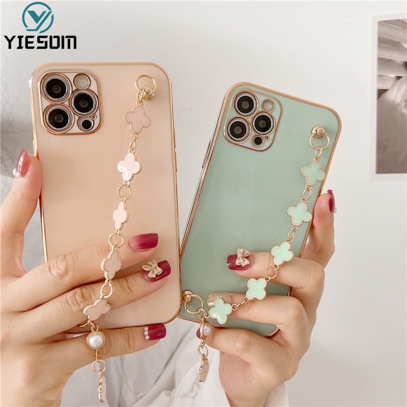 Ốp Điện Thoại Silicon Mềm Họa Tiết Lá May Mắn Có Dây Đeo Tay Cho iPhone 13 12 11 Pro Max