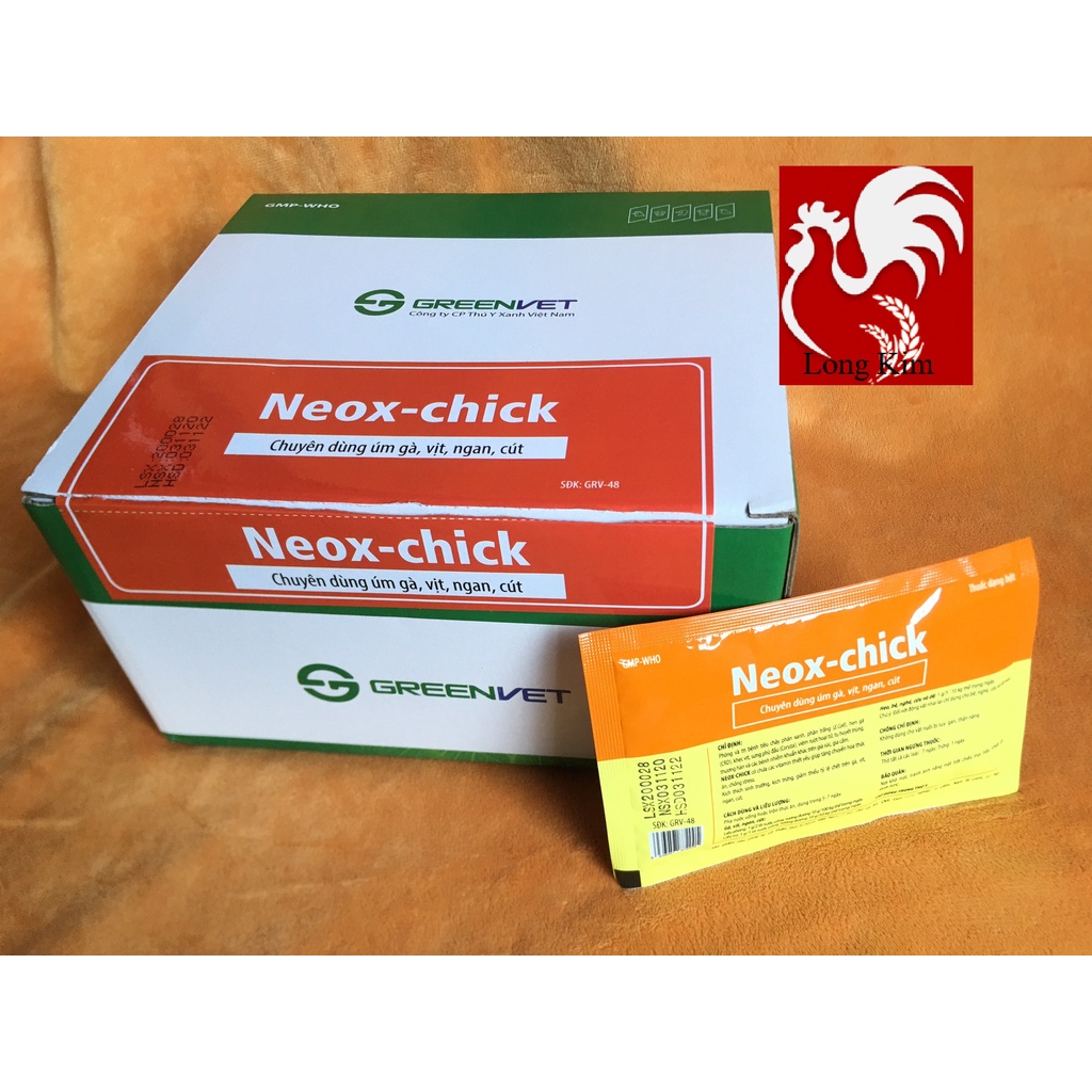 Úm gà, úm gia cầm Neox-chick gói 10g phân xanh, phân trắng, hen gà, khẹc vịt, sưng phù đầu viêm ruột hoại tử