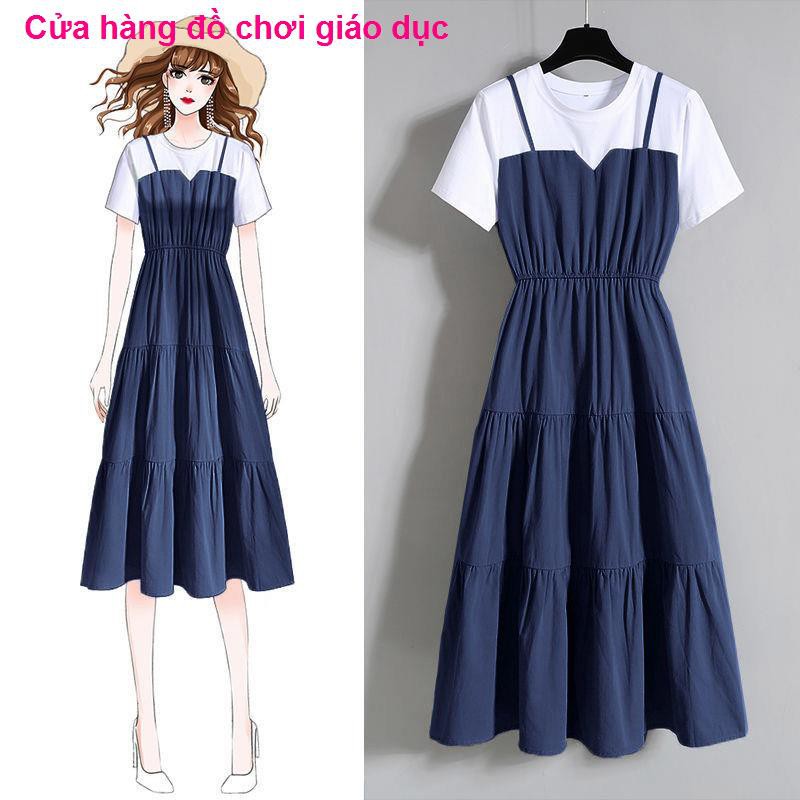SHOP XINH Kích thước lớn thời trang nữ treo áo dài hai mảnh 2021 mùa hè béo chị em eo váy ngắn tay