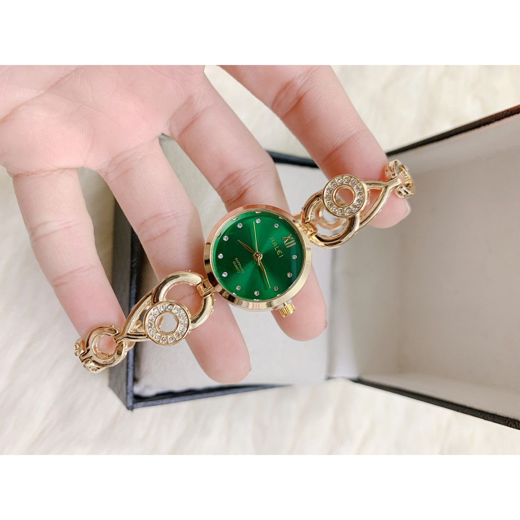 Đồng hồ nữ Halei Gold dáng lắc dây vàng mặt tròn số đá không gỉ không bay màu, mặt nhỏ size 26mm, chống xước, chống nước