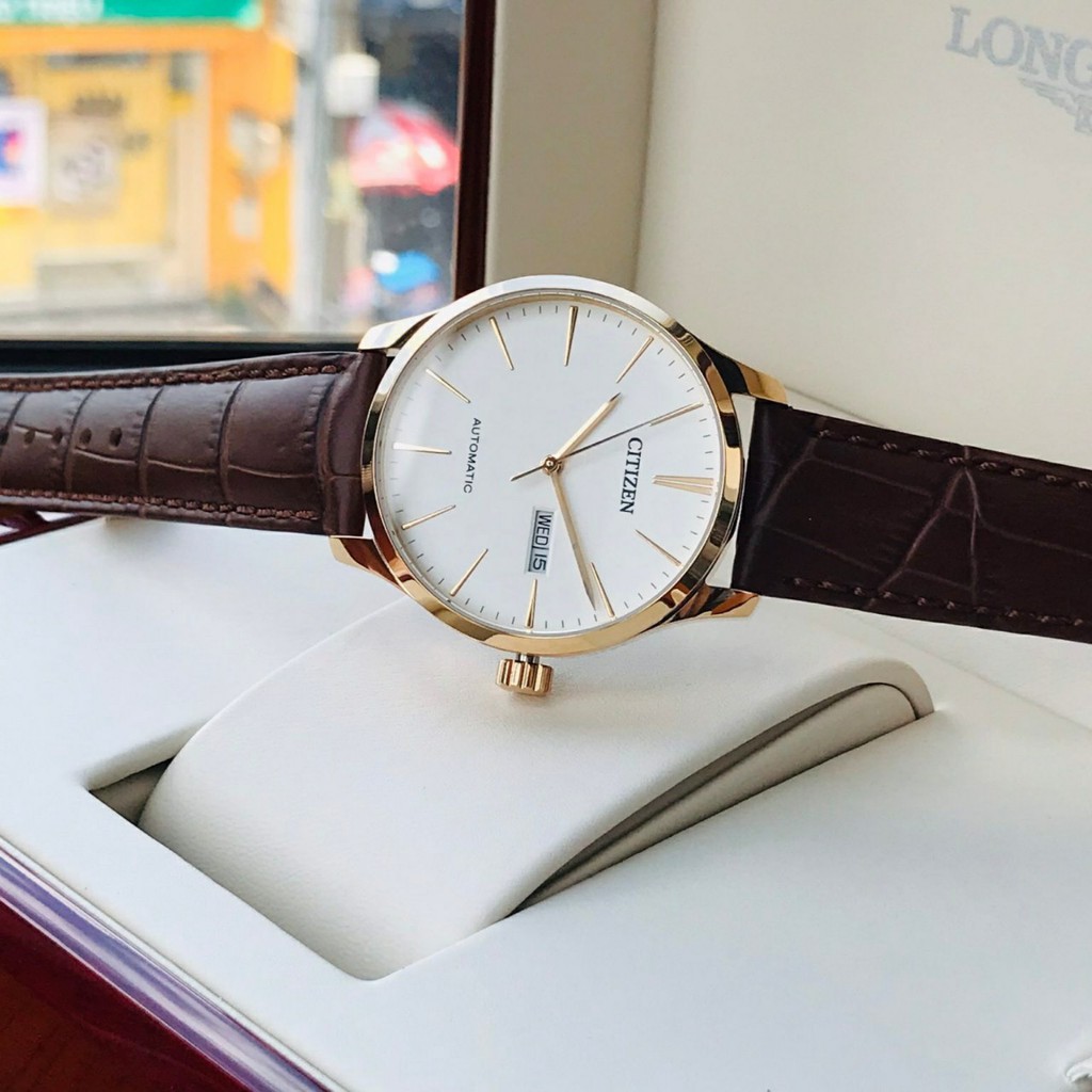 Đồng hồ Nam  Citizen Automatic NH8353-18A Size 40,Mặt trắng,Lịch-Máy cơ tự động-Dây da nâu cao cấp