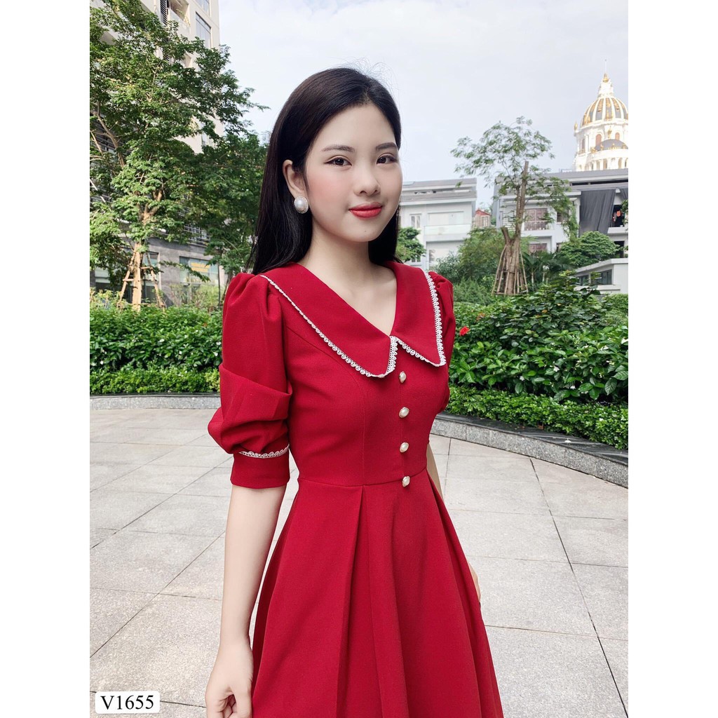 Đầm Xòe 💕 Đẹp DVC 💝 Váy xòe đỏ tay lỡ cổ chữ V V1655