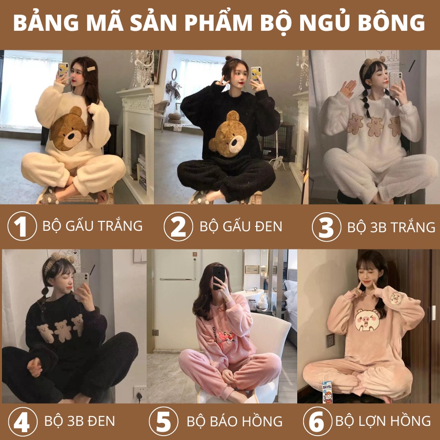 Bộ ngủ bông dài tay hình gấu, đồ ngủ nữ, chất lông mềm mịn, dày dặn, thêu dệt hoạ tiết Gấu cute hàng quảng châu