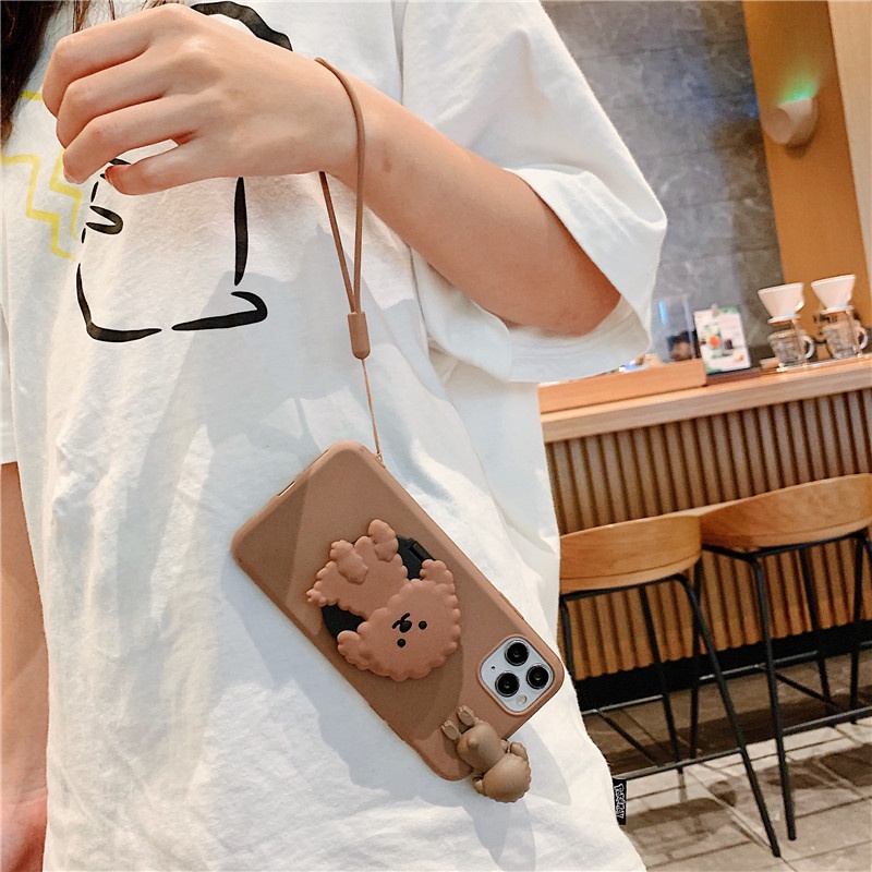 Ốp lưng iPhone 13 12 11 Pro Max X XR XS Max 8 7 6 6S Plus SE 2020 Teddy Dog Mirror Stand With Hand Strap Soft Case