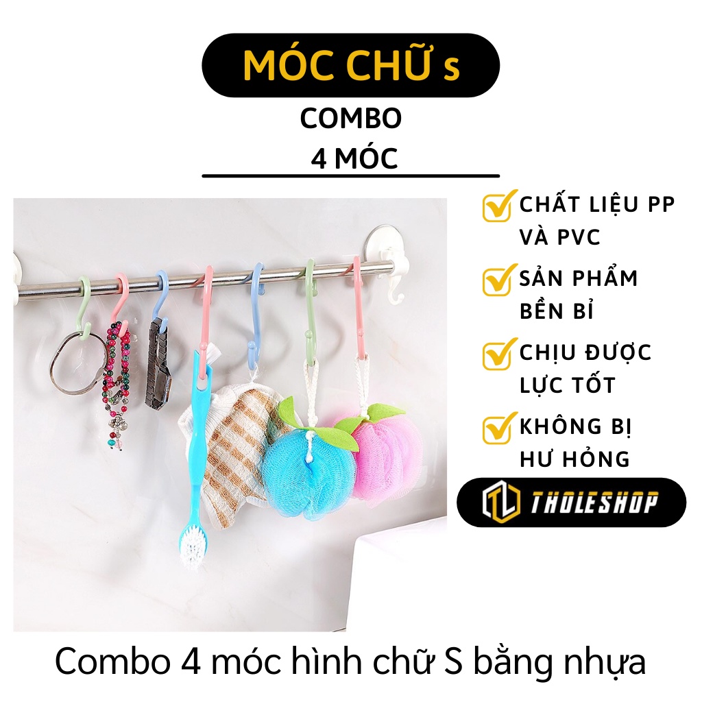 Móc Treo Đồ Đa Năng - Combo 4 Móc Hình Chữ S Bằng Nhựa Có Đầu Tròn, Chịu Lực Tốt 9421