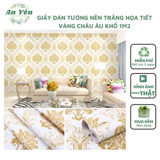 Giấy dán tường khổ 1m2 nền trắng hoạ tiết vàng châu âu,giấy dán tường phủ pvc kèm keo dán chống ẩm mốc
