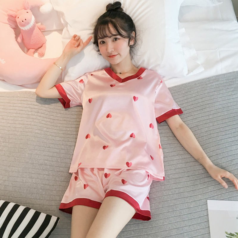 ✔▨đồ ngủ nữ mùa hè Lụa băng tay ngắn cổ chữ V phiên bản Hàn Quốc bộ gợi cảm và dễ thương mặc nhà mỏng