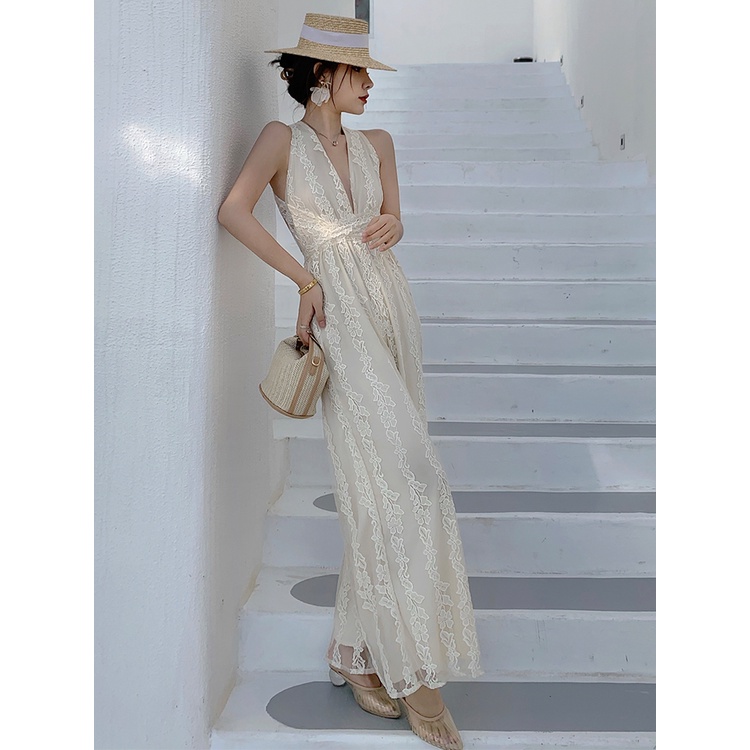 Váy đi biển INFLACHI jumpsuit nữ·dáng dài maxi đẹp hở lưng 2 dây bikini bigsize Hàn Quốc ren sang chảnh DK2T301