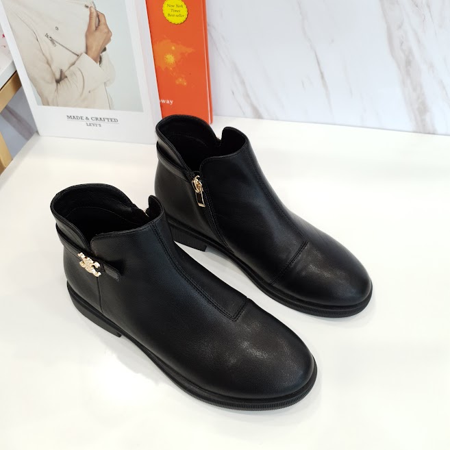 Giày boot nữ da mềm 2021 B SHOES, boot thấp cổ lót nỉ khóa kéo, mũi tròn, đế bệt, kiểu dáng hiện đại trẻ trung B26