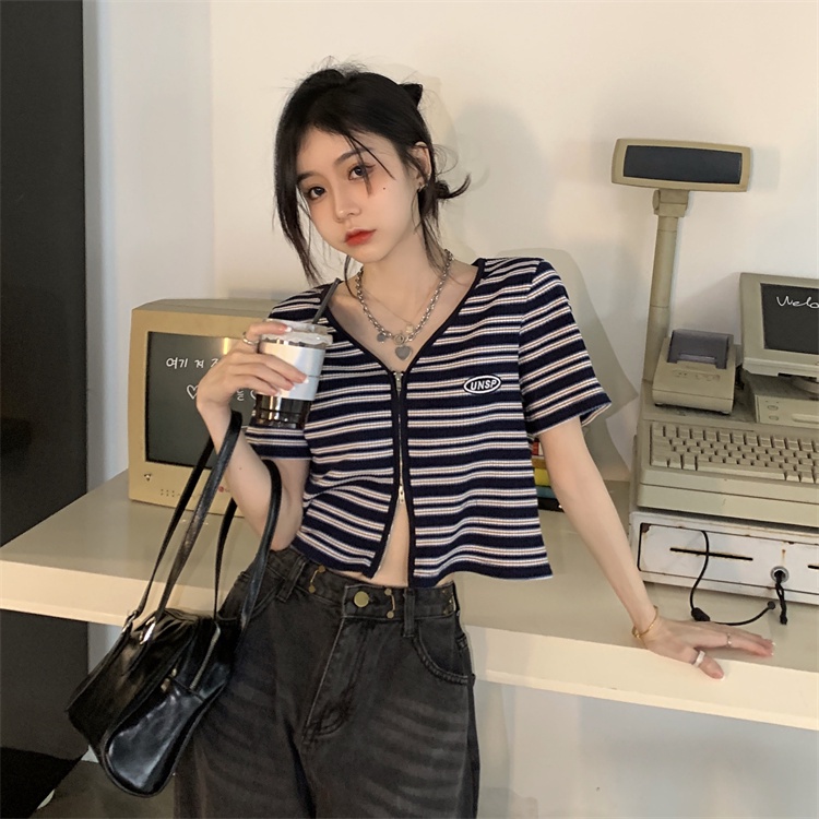 Áo Cardigan Dệt Kim Tay Ngắn Cổ Chữ V Phối Khóa Kéo Thời Trang