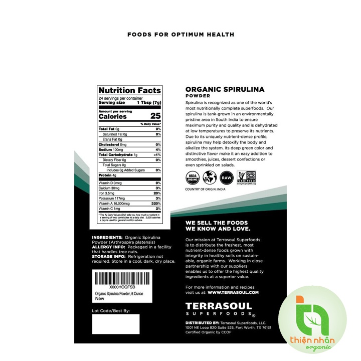 Bột tảo spirulina powder Terrasoul Superfoods hữu cơ 170g