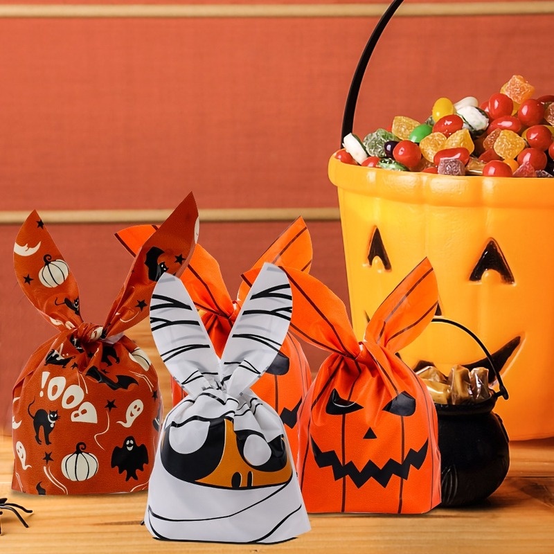 Set 50 Túi Nhựa Đựng Kẹo Họa Tiết Tai Thỏ / Ma / Bí Ngô Trang Trí Tiệc Halloween