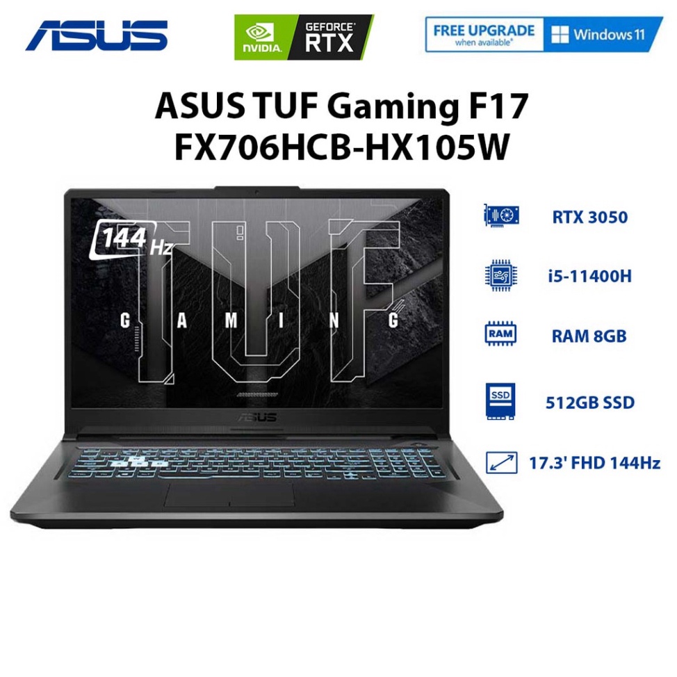 Laptop ASUS TUF Gaming F17 FX706HCB-HX105W (i5-11400H | 8GB | 512GB |RTX™ 3050 4GB | 17.3' FHD 144Hz)