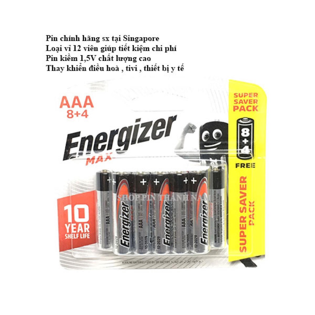 Pin AAA Energizer Max E92 BP8+4 (Vĩ 12 viên) (Chính hãng)