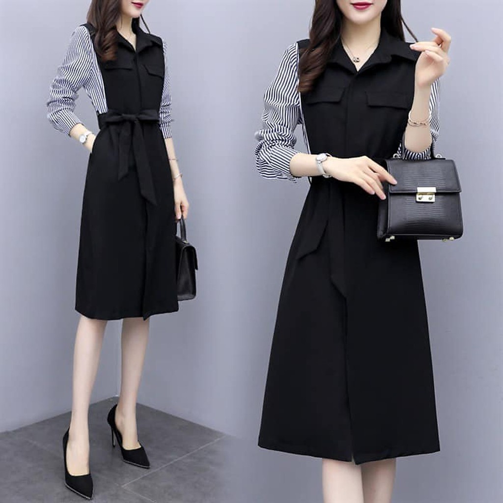 Đầm công sở đen phối tay sọc
