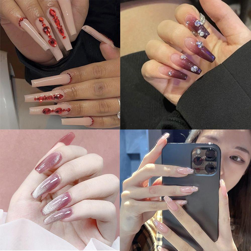 MIHAN1 Hộp 24 Móng Tay Giả Che Phủ Toàn Diện Đính Kim Tuyến Lấp Lánh