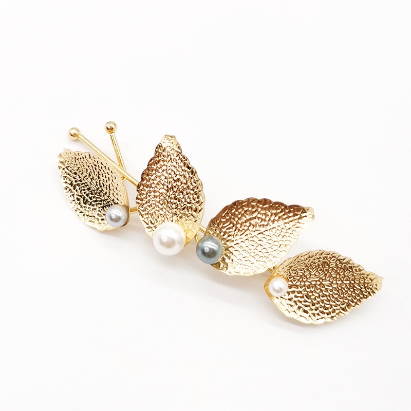 Kẹp Tóc Kim Loại Hình Lá Đính Ngọc Trai Phong Cách Hàn Quốc