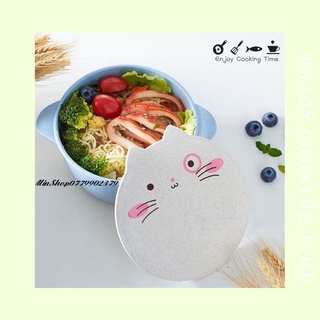 Tô lúa mạch có nắp đậy mặt mèo cho bé