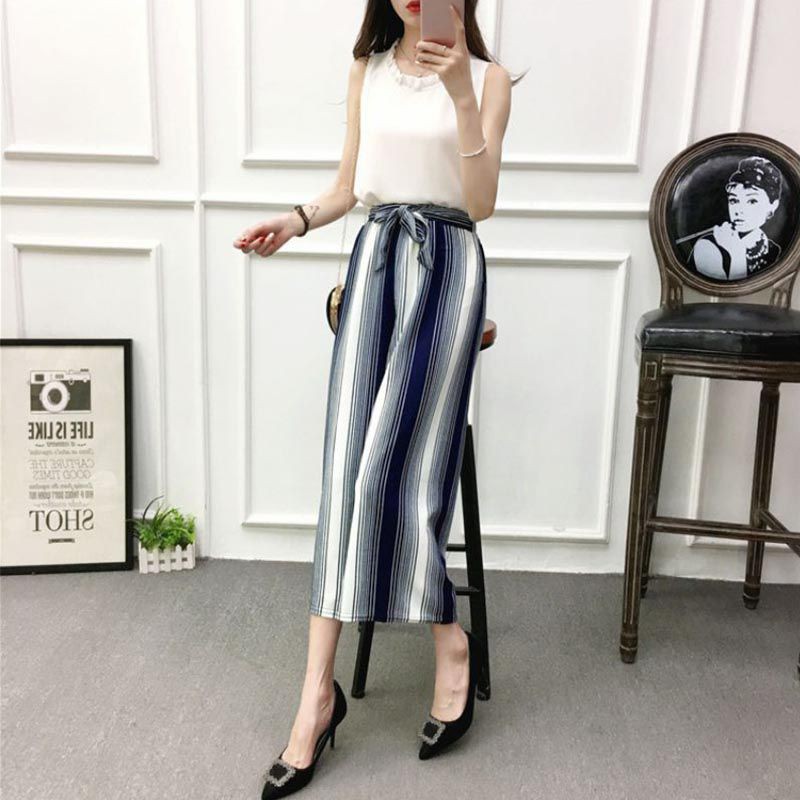 [Baywellfashion]Quần ống rộng kẻ sọc xẻ tà thanh lịch cho nữ | BigBuy360 - bigbuy360.vn