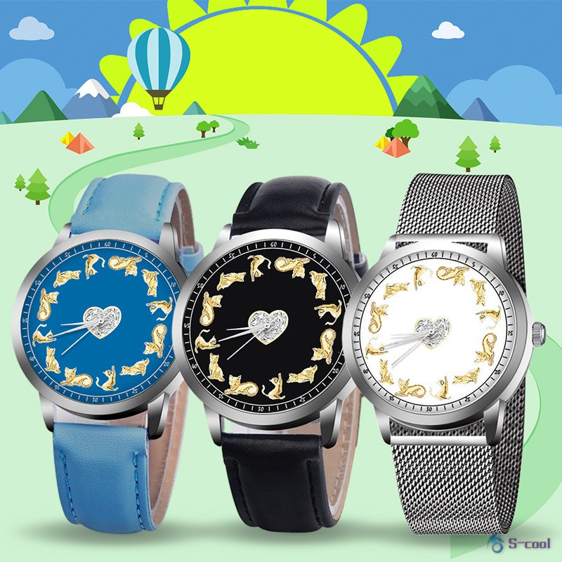 Cartoon Cat Watch Quartz Watch with Alloy/PU Leather Strap Simple Fashion Watch for Girls Students